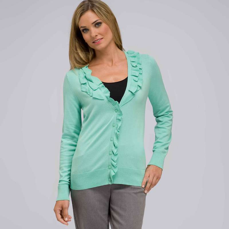 Ruffle Front V-Neck Cardigan, Icy Mint, large image number 0